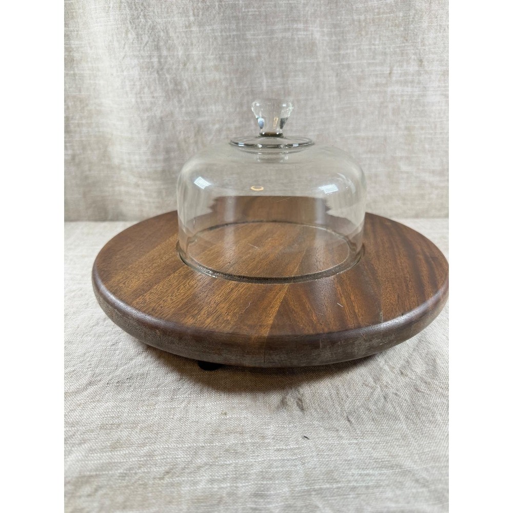 Vintage Acacia Wood Cheese Board With Glass Cloche, Philippines 12.5in